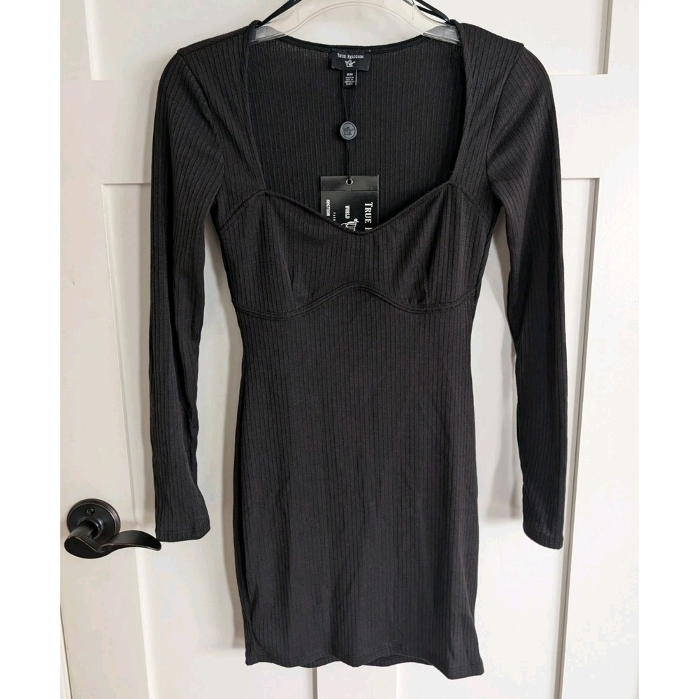NWT True Religion Womens M Black Rib Corset Dress Bodycon Mini Micro $99NEW Club